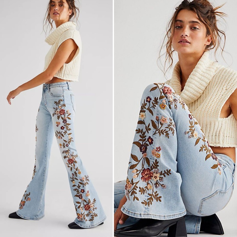 Free People Floral Embroidered Wide Leg Jeans - Light Blue